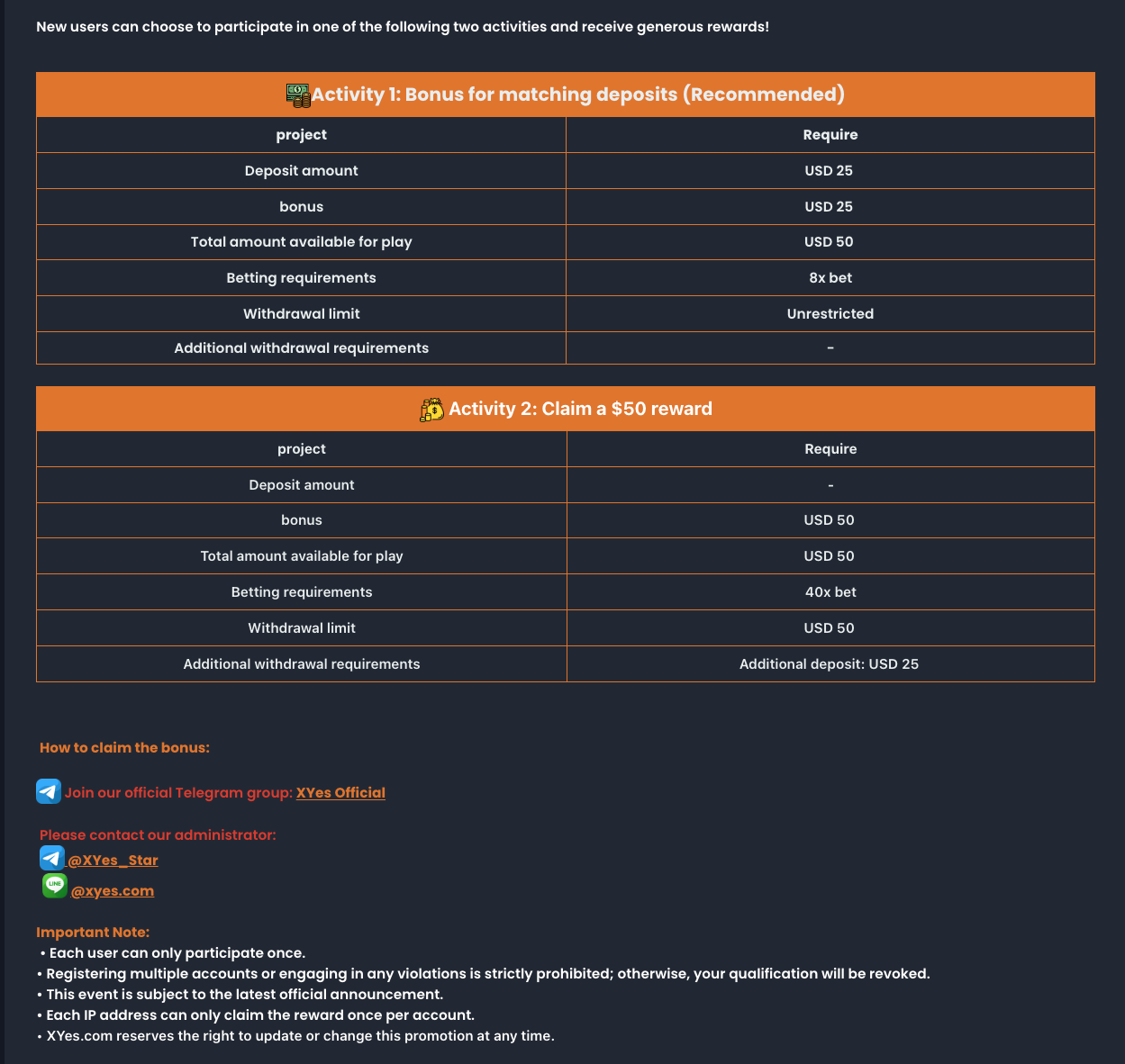 XYES bonus withdrawal terms screenshot.