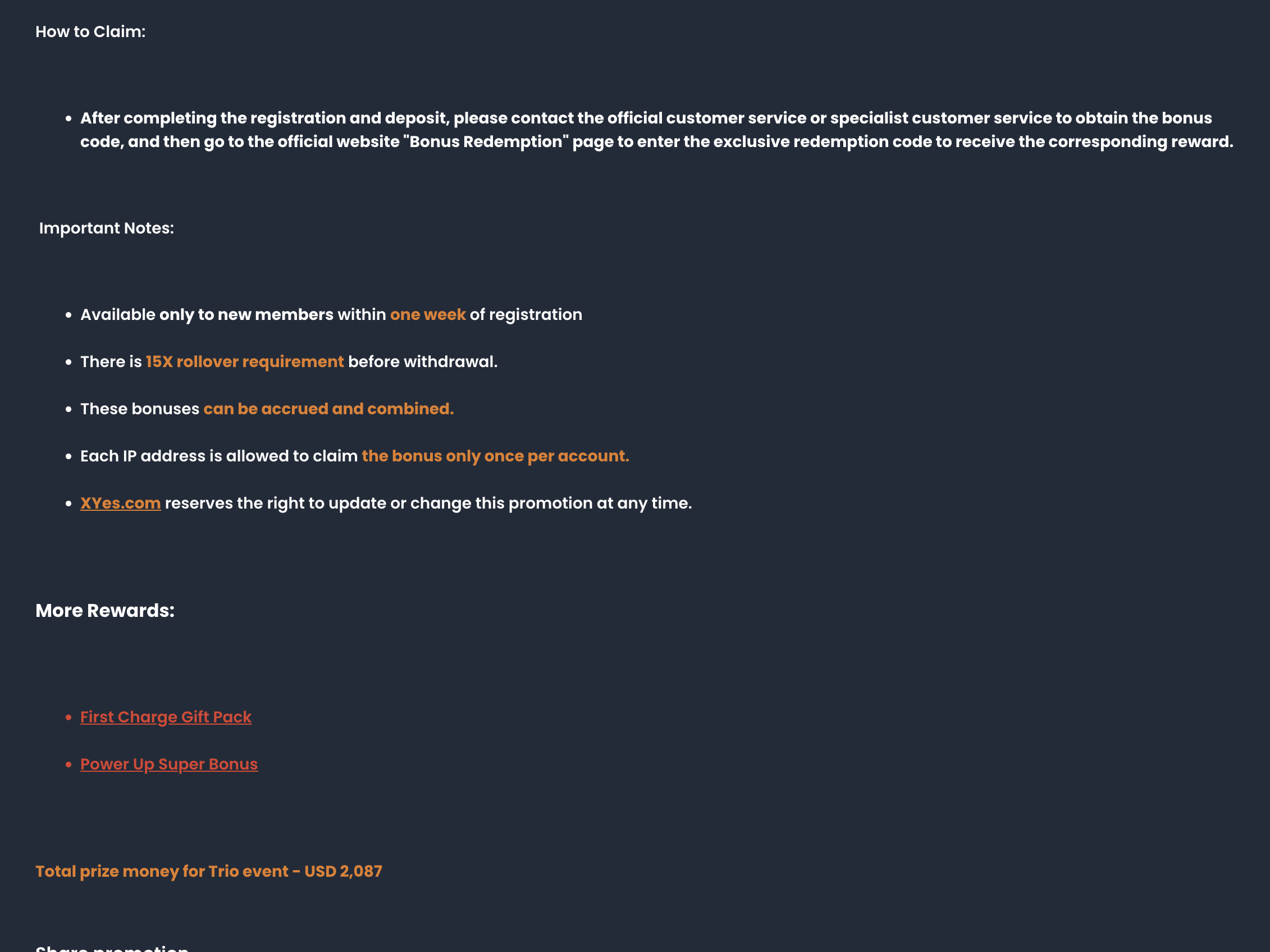 XYES trio bonus claim method and 15x rollover terms screenshot