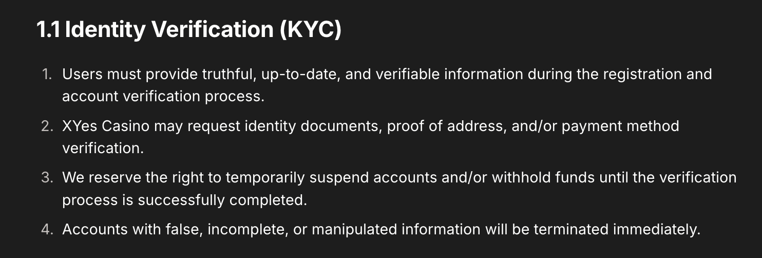 XYES KYC 政策截圖。