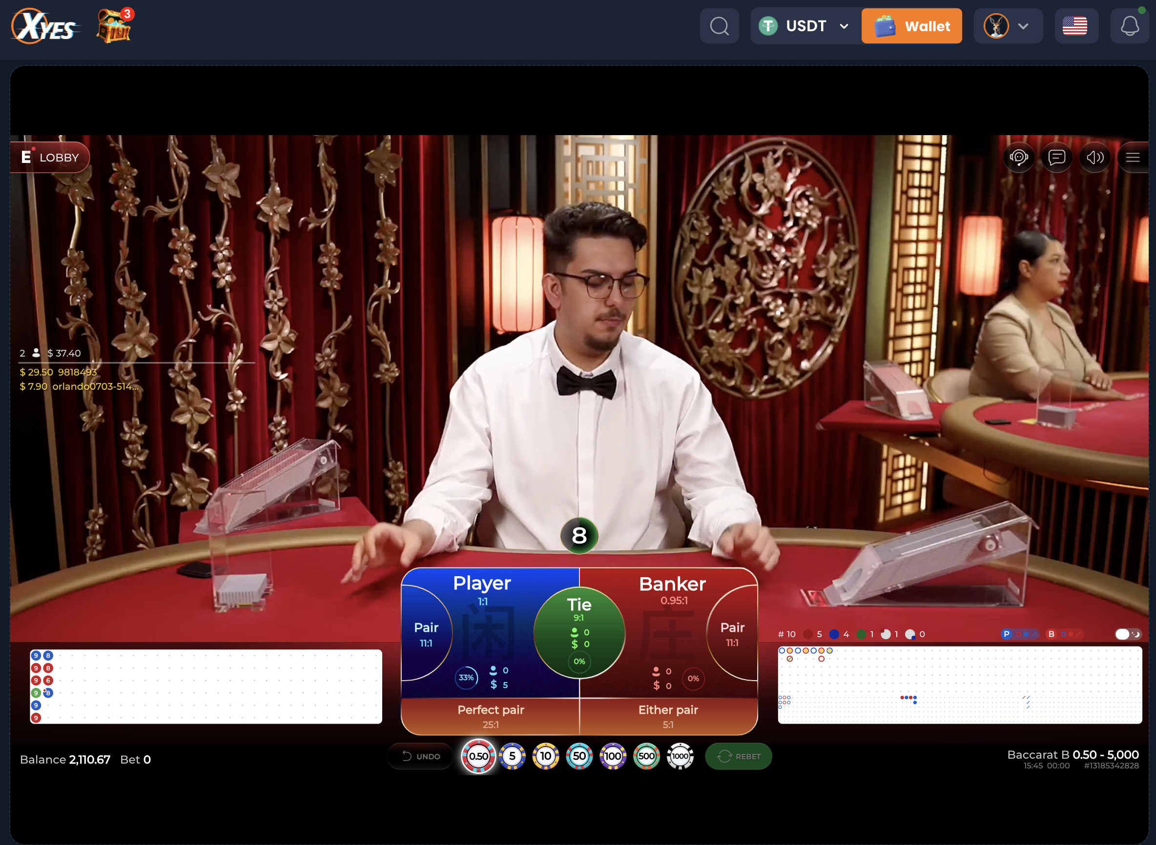 XYES Ezugi Baccarat B 桌台截圖