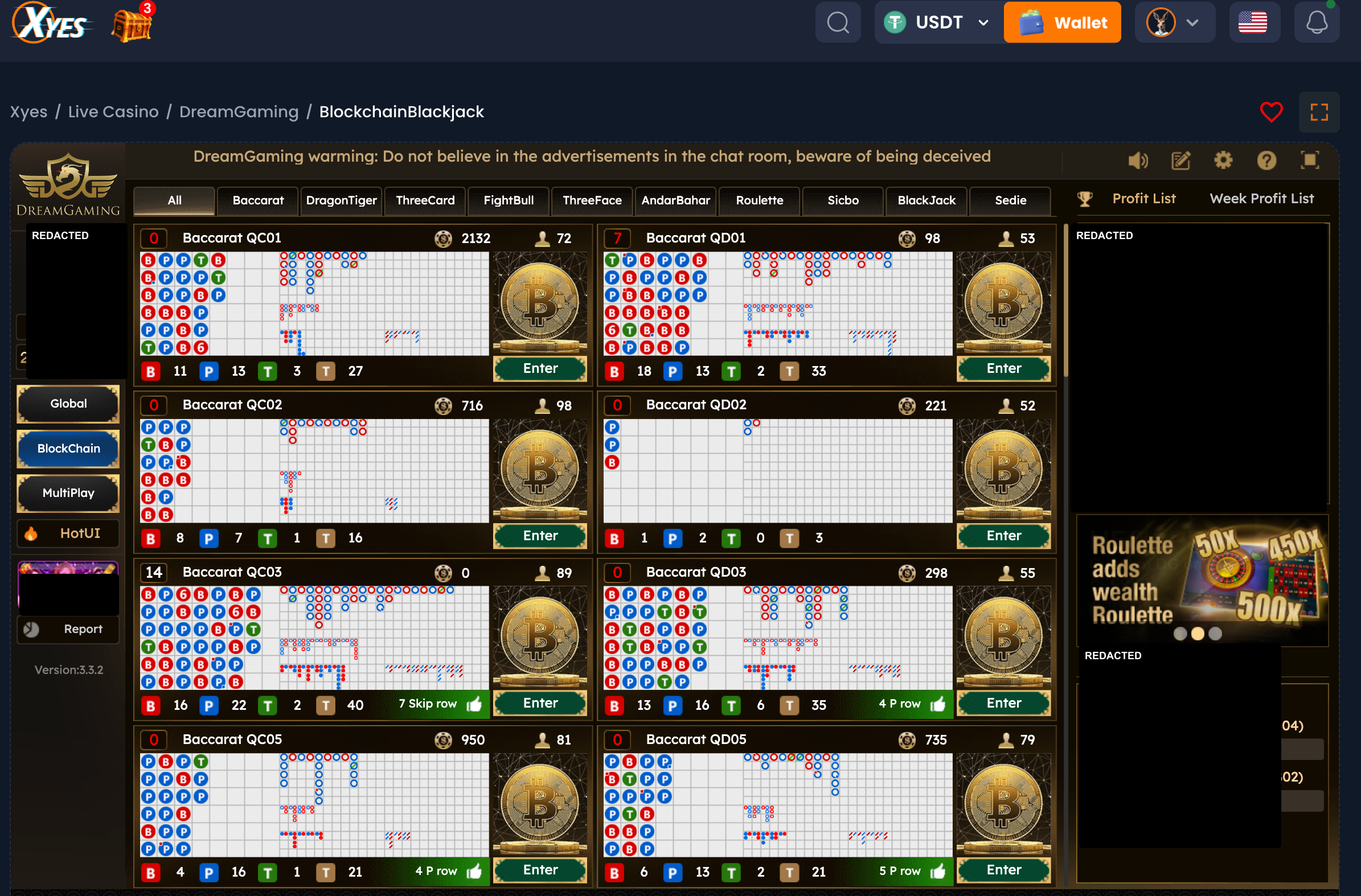XYES DreamGaming Blockchain live lobby redacted screenshot