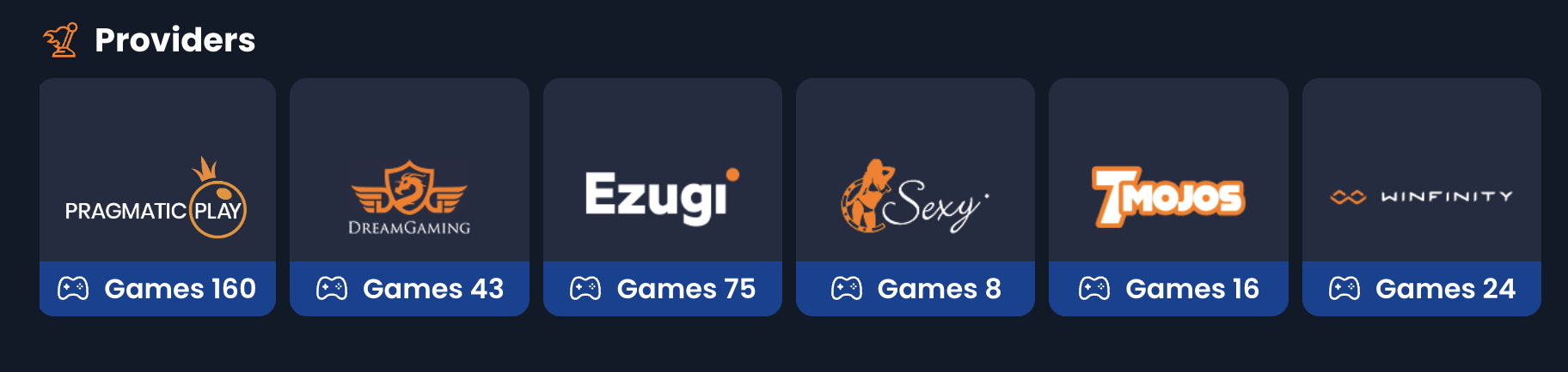 XYES live casino provider list screenshot