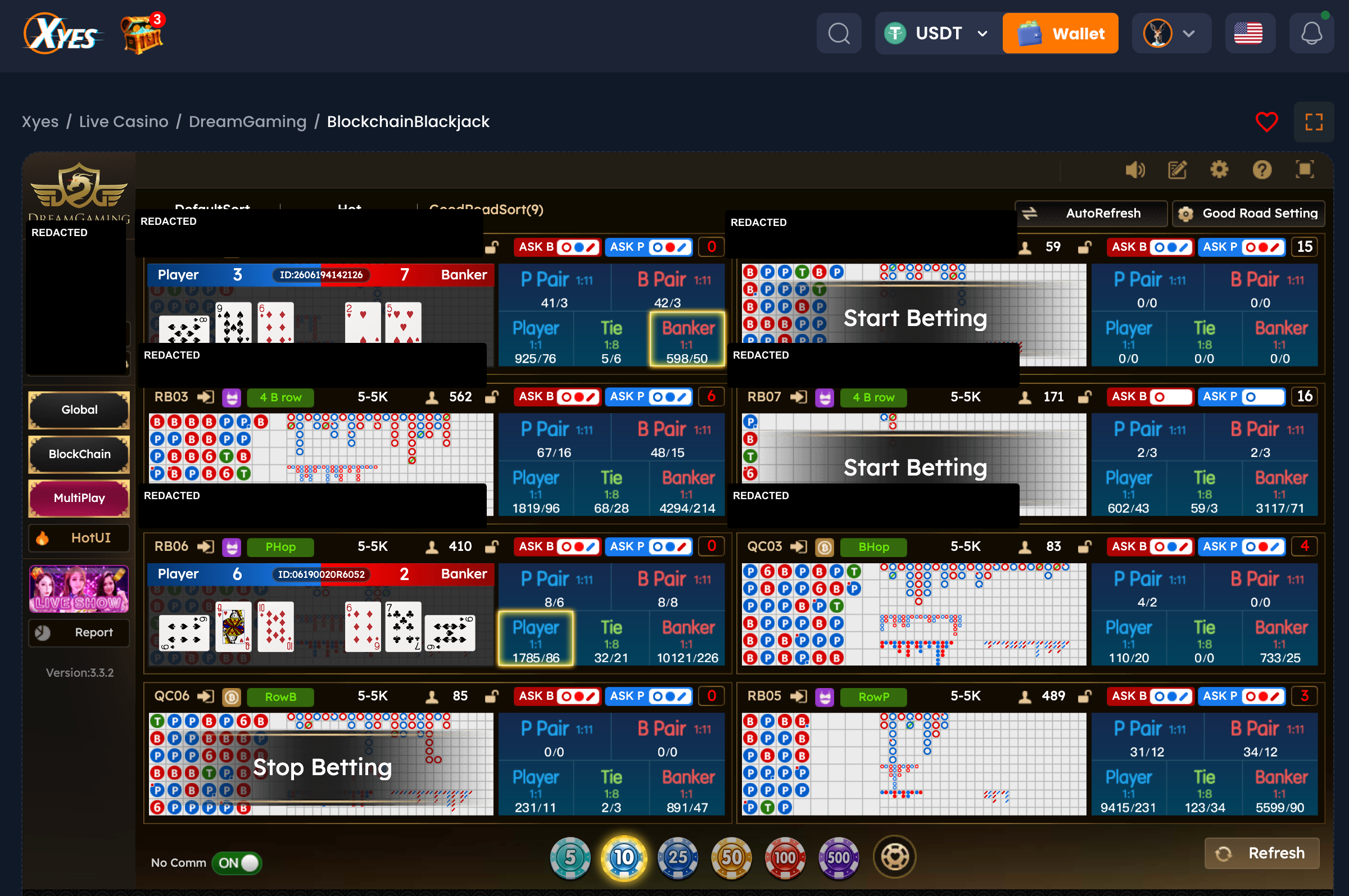 XYES DreamGaming Baccarat multi-table flow redacted screenshot