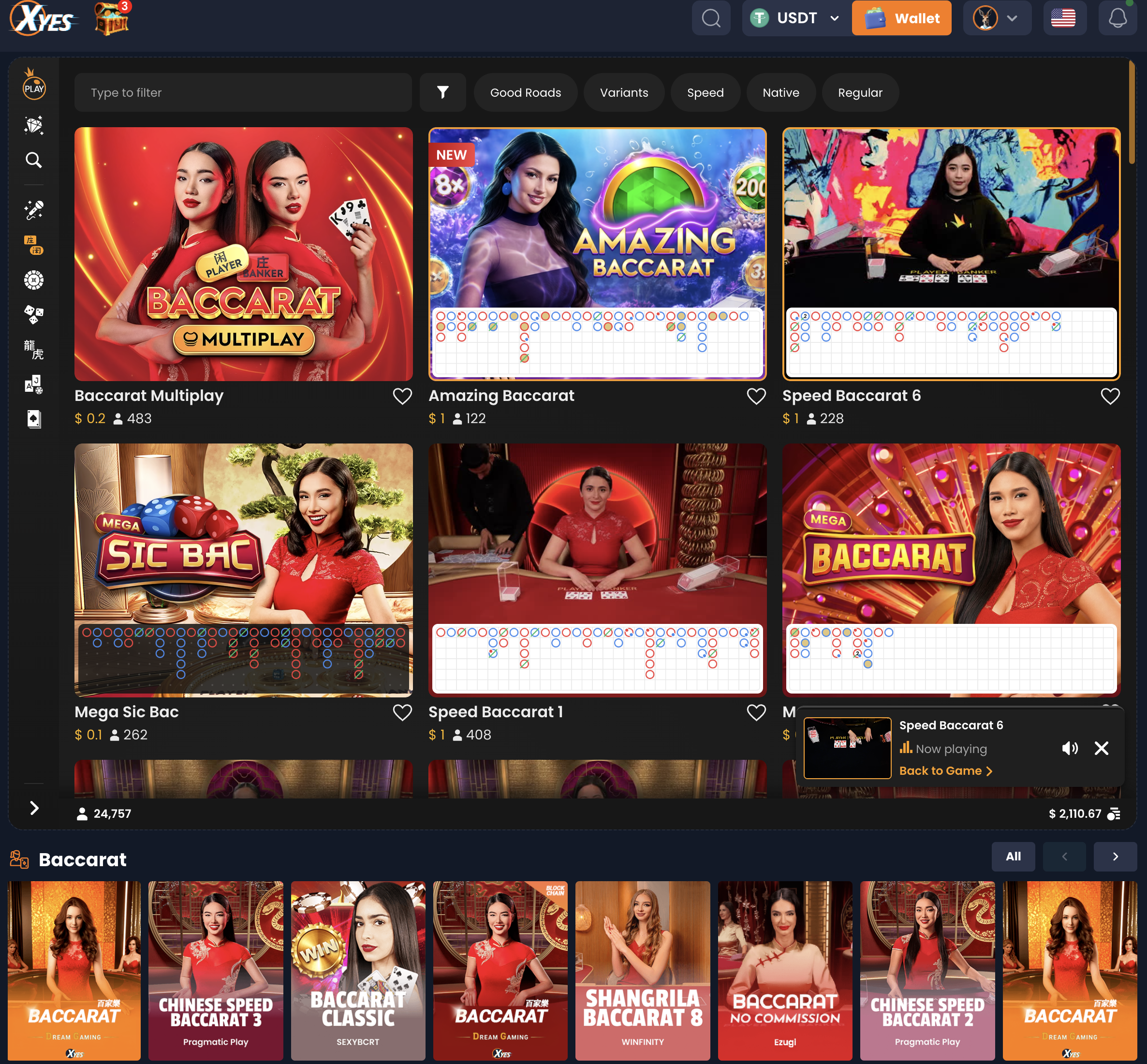 XYES Pragmatic Play baccarat lobby screenshot.