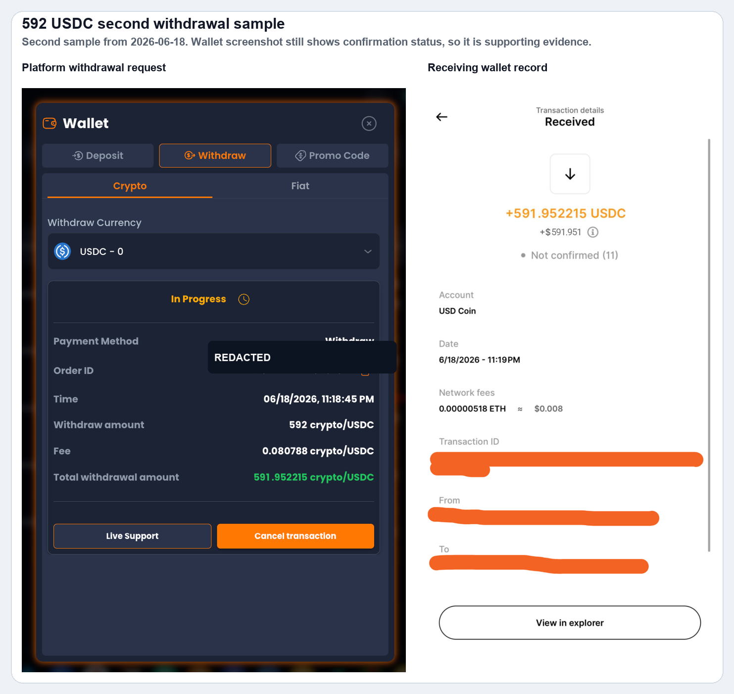 XYES 592 USDC 第二次提款樣本證據組合圖